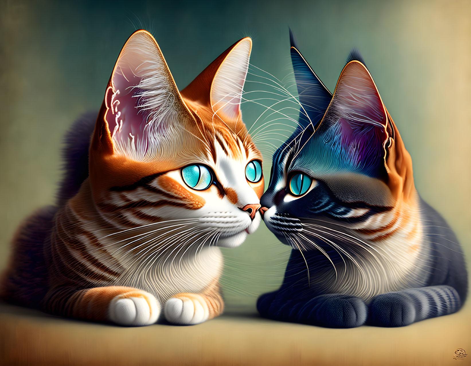 Colorful Stylized Cats with Large Eyes Touch Noses affectionately