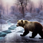 Bear in Frosty Landscape with Frozen Stream