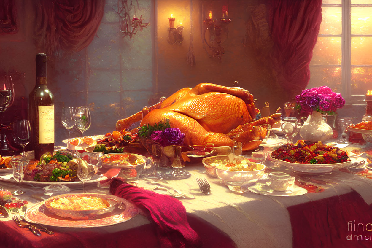 Luxurious Thanksgiving feast with roasted turkey, wine, and flowers