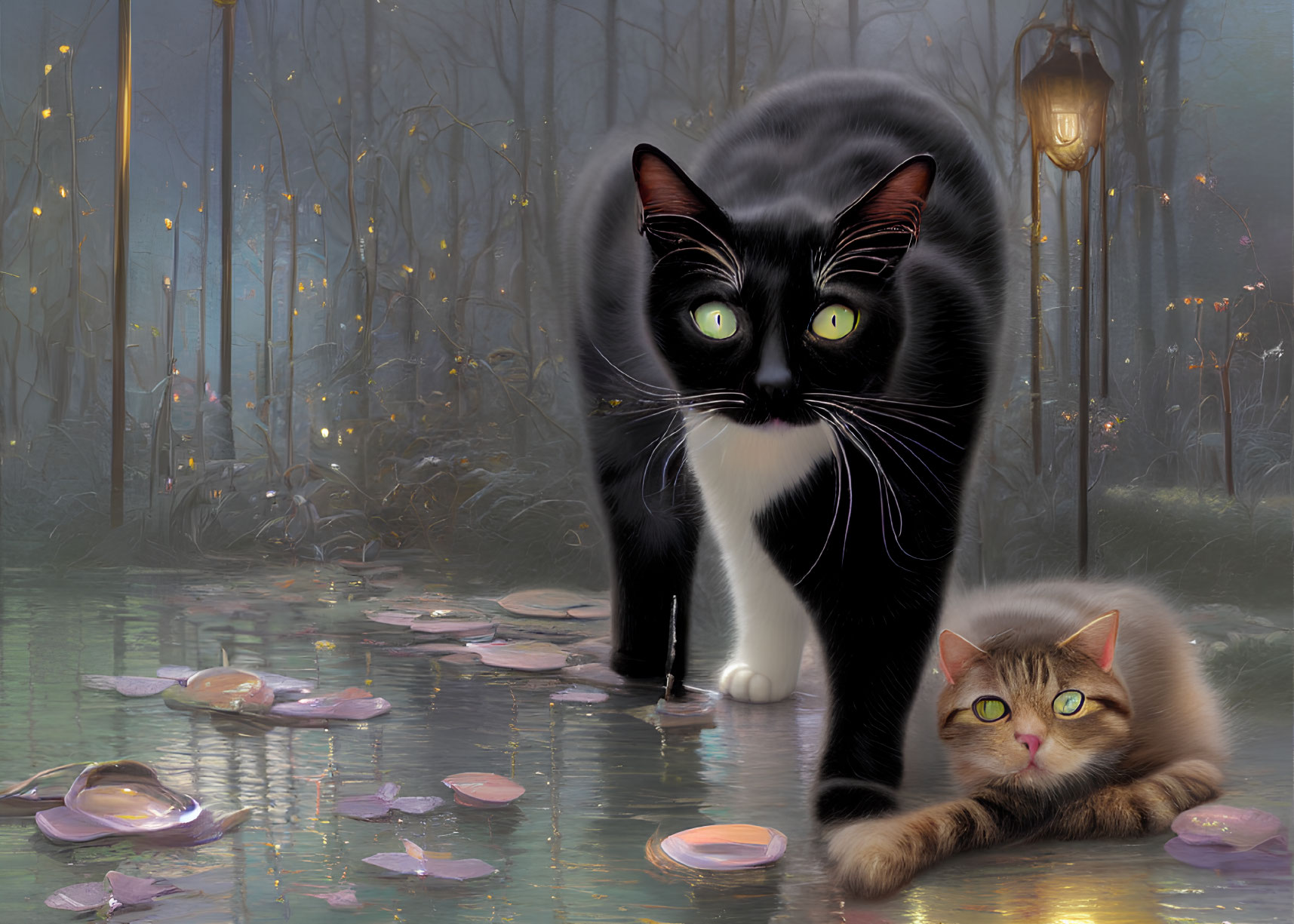 Digital artwork featuring two cats with green eyes by a pond with lily pads, lantern, and mist