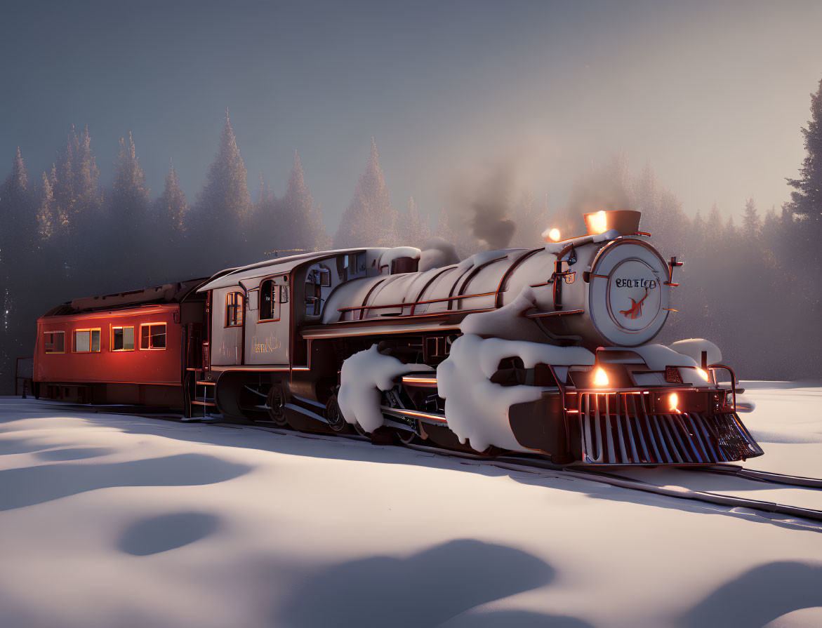 Vintage steam train travels through snowy forest at dawn.