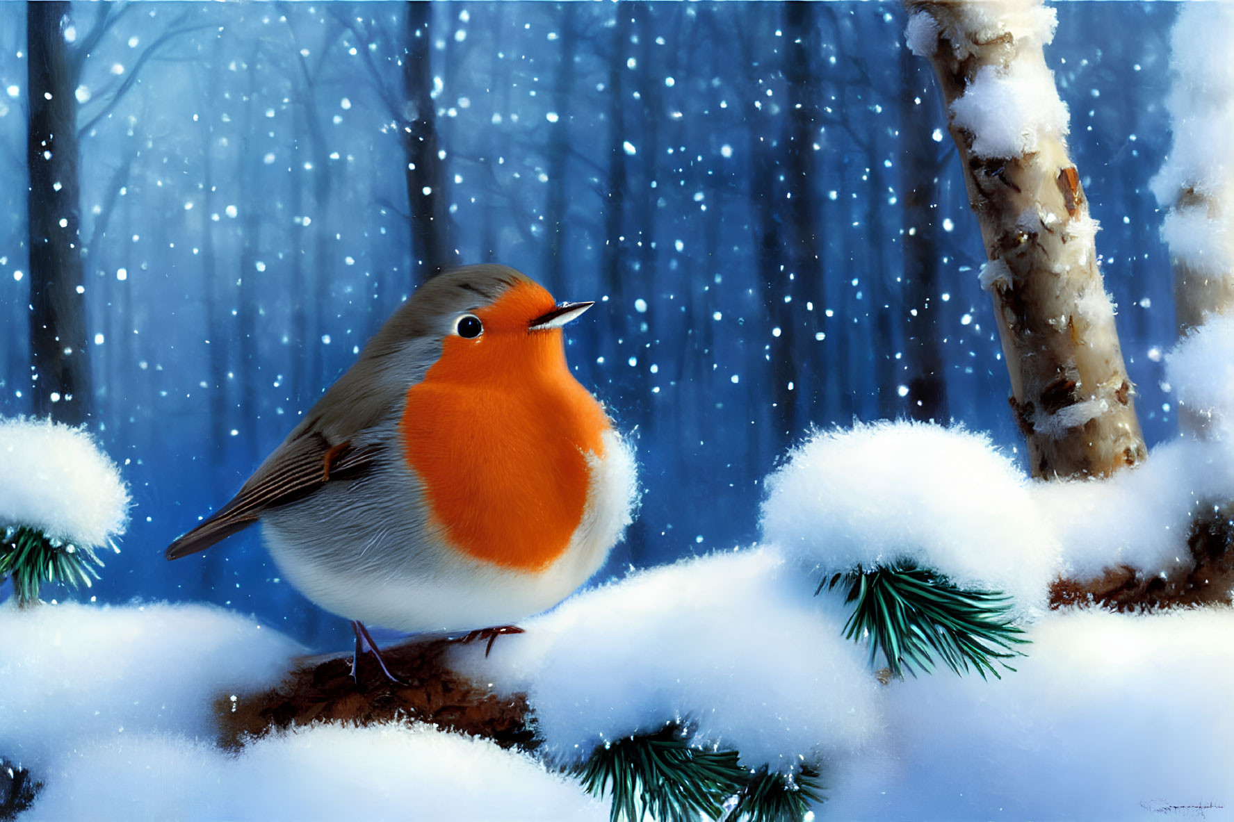 Orange-breasted Robin Perched on Snow-Covered Branch in Winter Forest