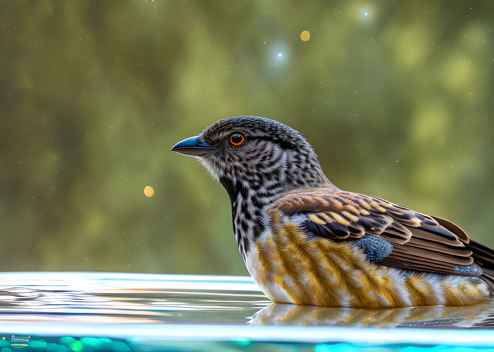 Detailed illustration: Striped feathered bird with orange eye near reflective water and bokeh light