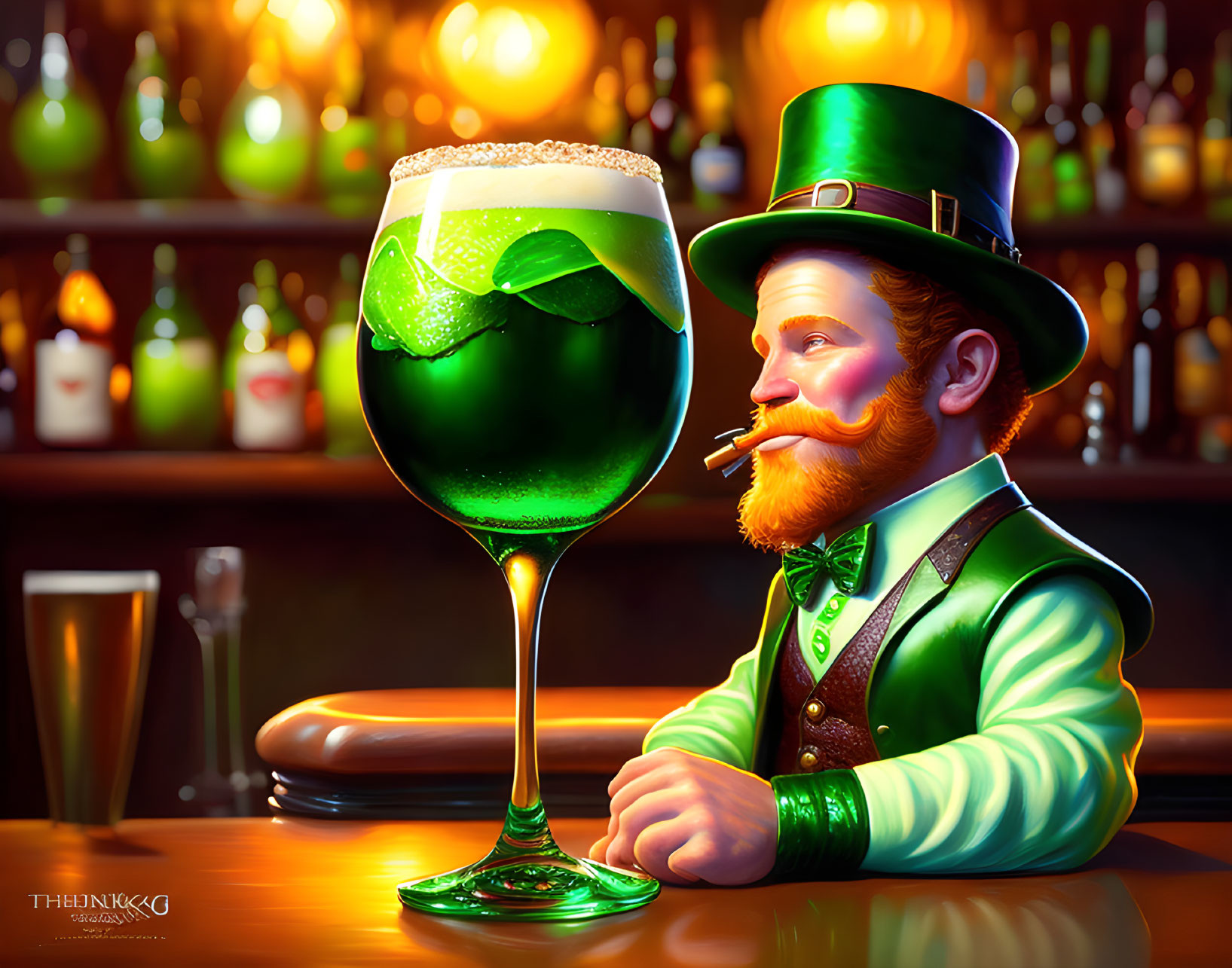 Man in Green Suit and Top Hat with Head as Overflowing Green Beer Pint