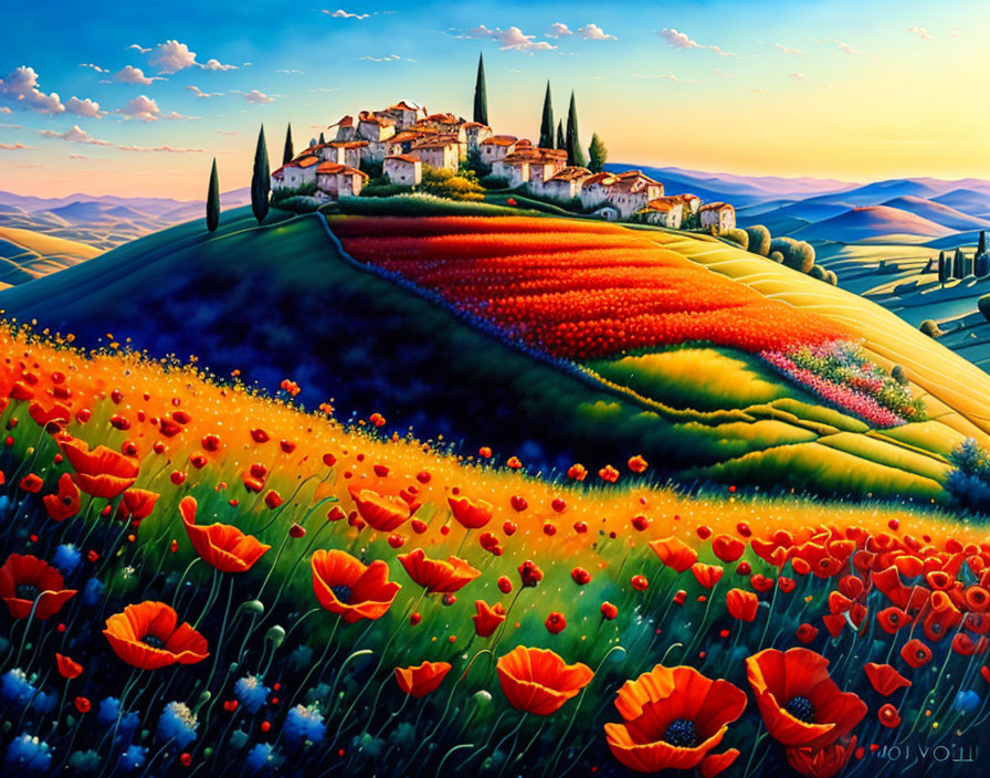 Colorful Tuscan landscape painting with hilltop village and twilight sky