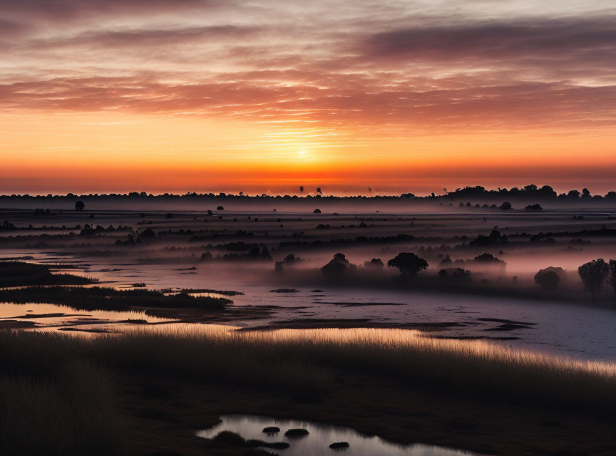 Tranquil sunrise scene with gradient sky and misty landscape