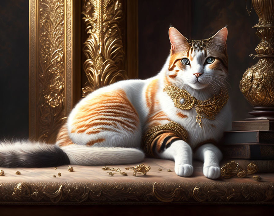 Orange and White Cat with Golden Jewelry Beside Books and Gold Coins