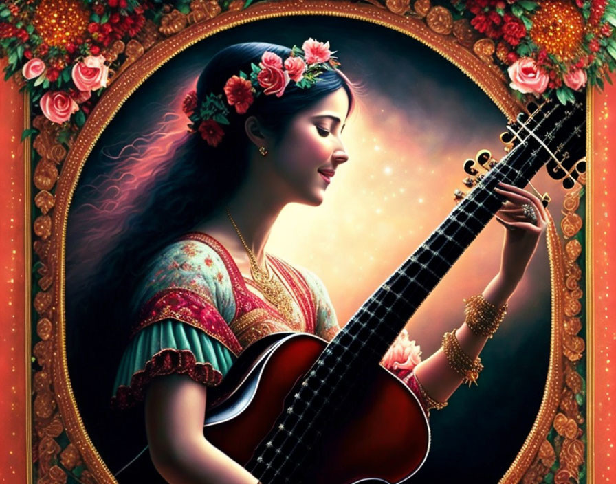 Woman playing sitar with flowers in hair and roses, framed decoratively.