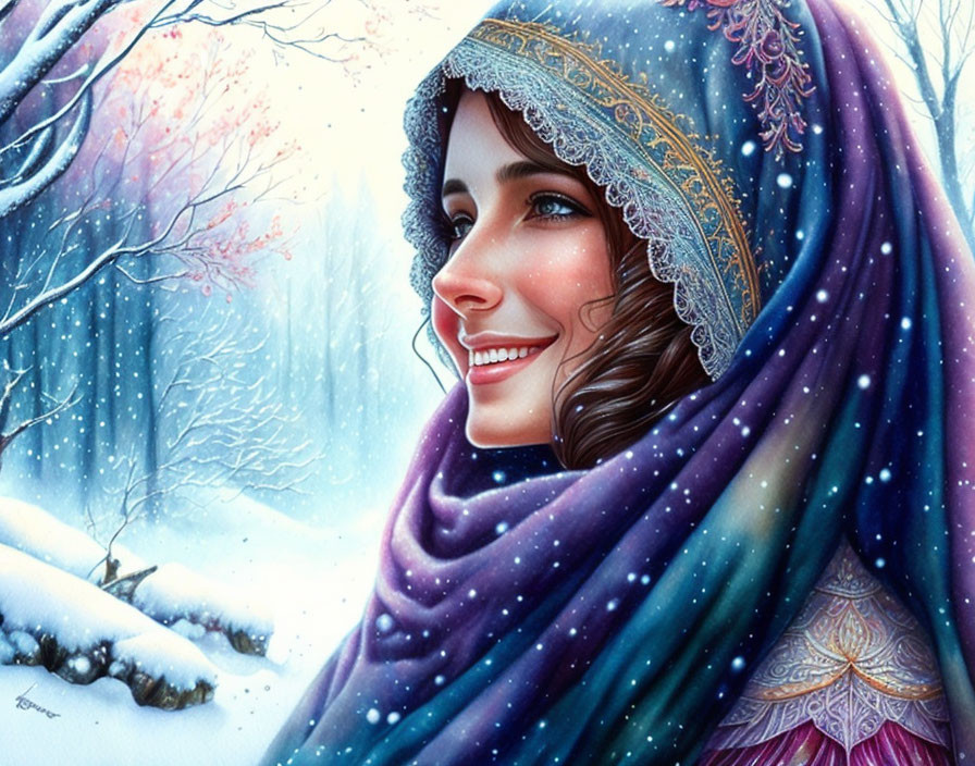 Smiling woman in colorful shawl with snowflakes in winter forest