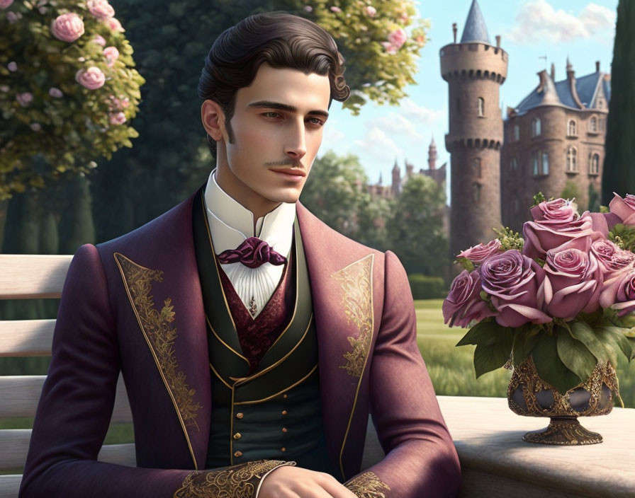 Illustration of a gentleman with styled mustache in purple coat on bench with castle and roses.