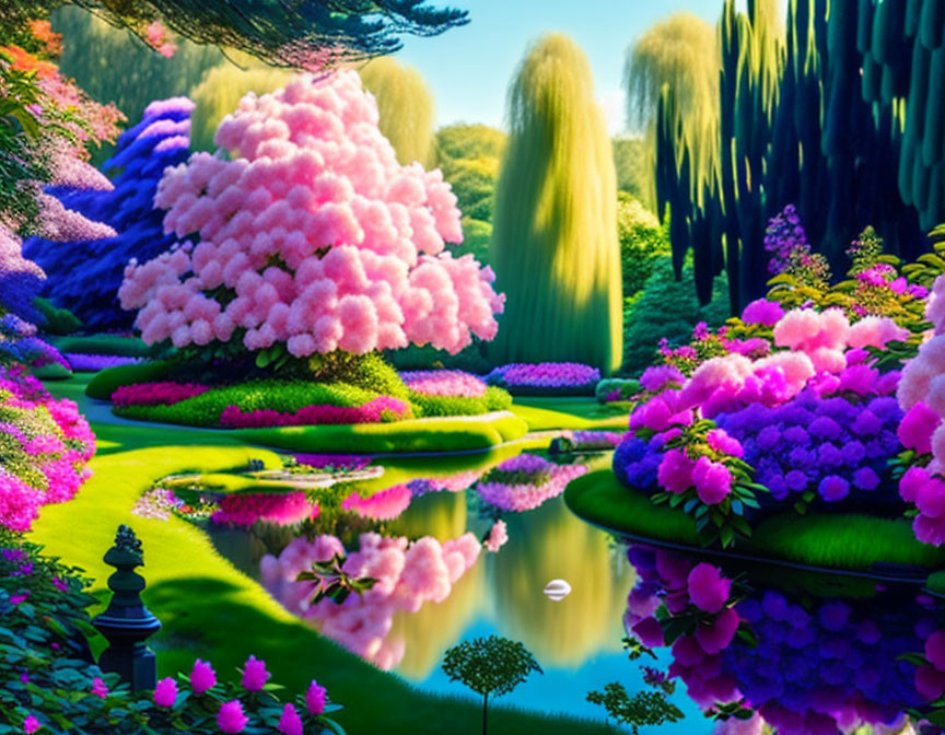 Lush garden with colorful blooms, pond, and willow trees