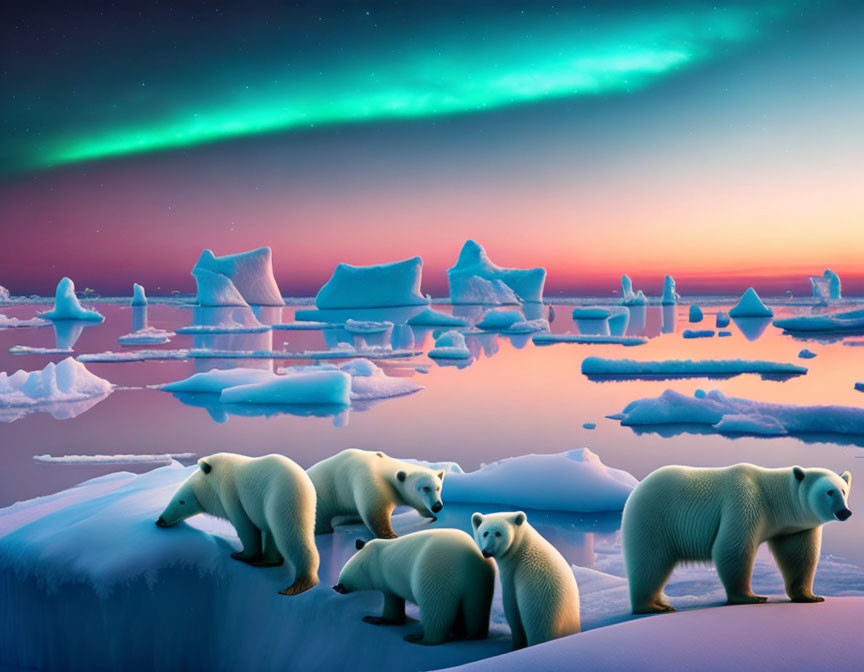 Polar bears on ice floe under twilight sky with aurora borealis