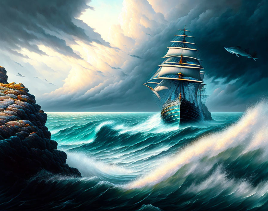 Sailing ship in stormy seas near rocky cliffs with surfacing whale