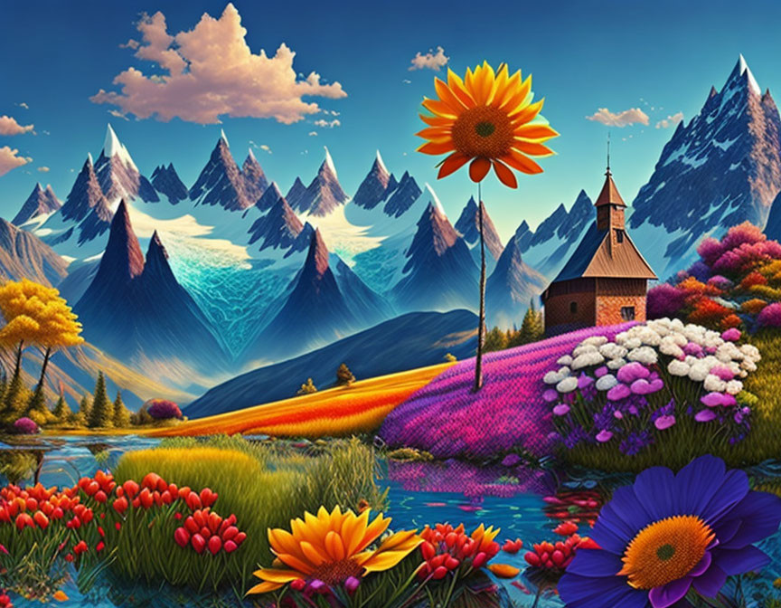 Colorful flowers, river, chapel, snowy mountains in fantasy landscape