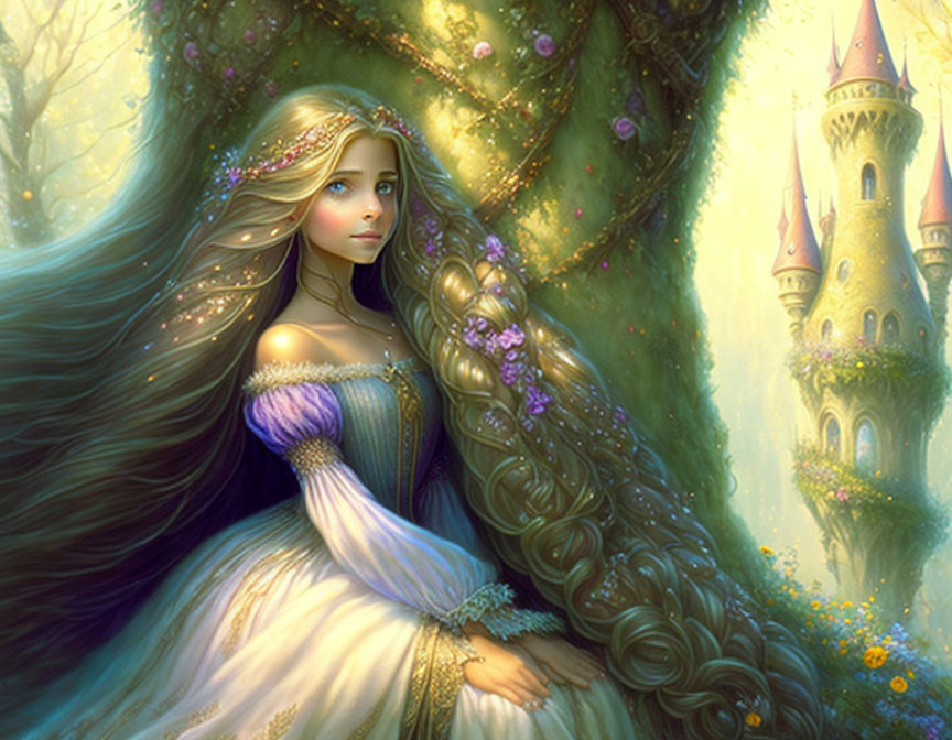 Medieval fairytale lady with flowing hair by castle and tree