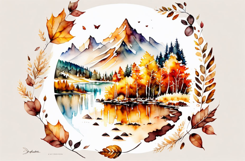 Colorful watercolor painting of autumn landscape with mountain, trees, lake, foliage.