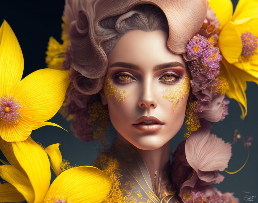 Digital Artwork: Woman with Yellow Flowers and Golden Floral Patterns