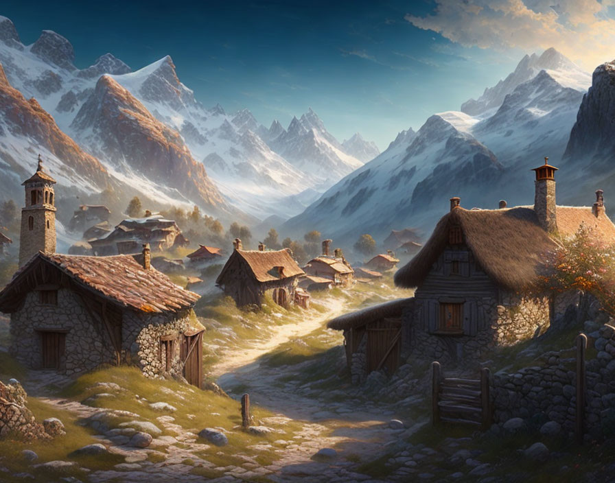 Snowy mountain village with stone houses and smoking chimneys