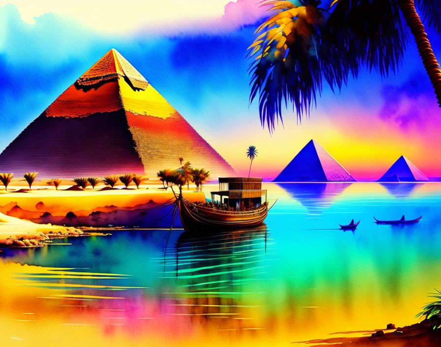 Colorful Egyptian Pyramids Artwork with River, Boat, and Palm Trees