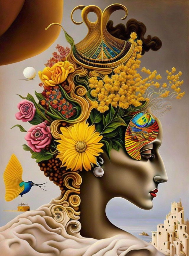 Colorful surreal portrait of a woman with floral headdress, lyre, small castle, hummingbird