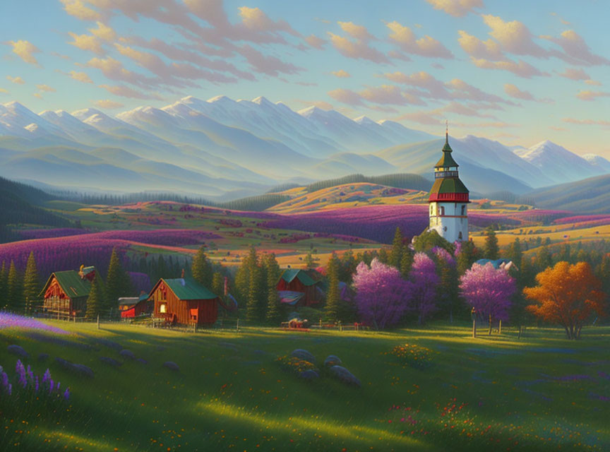 Scenic landscape with church, blooming trees, fields, houses, and mountain under sunlight