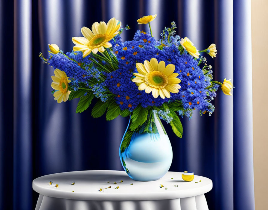 Colorful bouquet of yellow daisies and blue flowers in white vase on small table with blue curtain