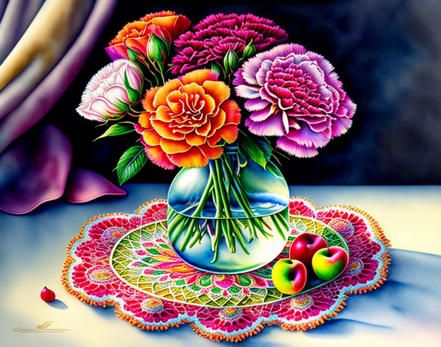 Colorful flower bouquet in glass vase on lace doily with fruit and surreal backdrop