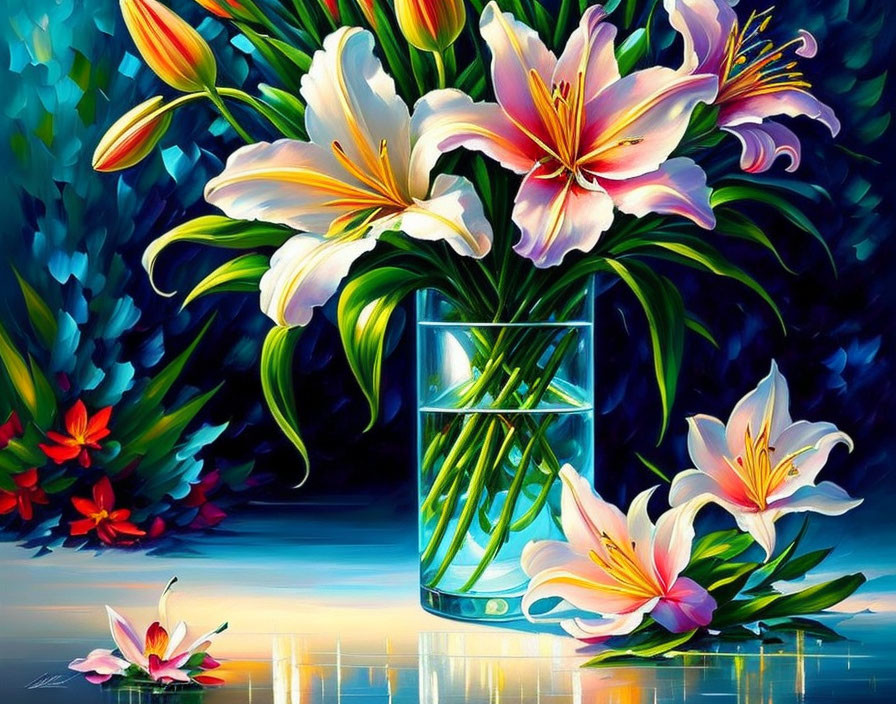 Colorful painting of white and pink lilies in glass vase