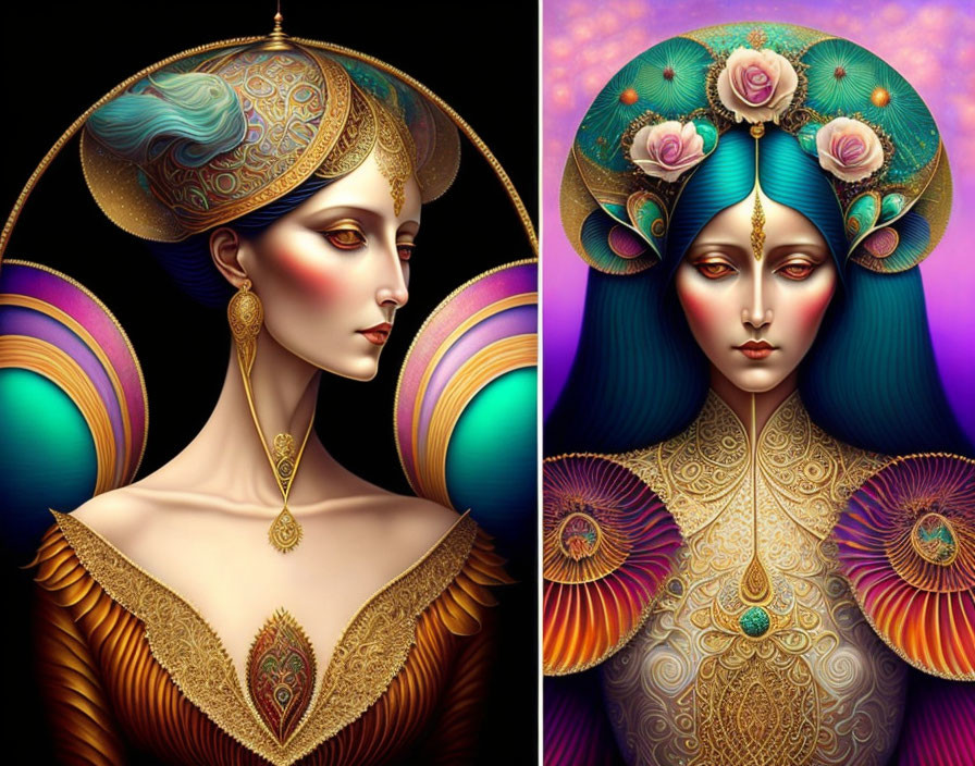 Stylized portraits of women with ornate headdresses and vibrant colors