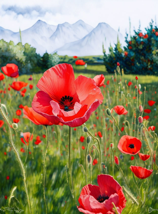 Colorful painting: red poppies, green grass, snowy mountains, blue sky