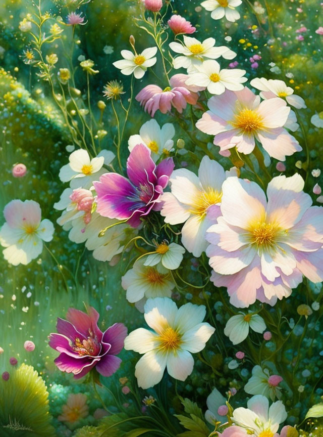 Vivid Pink and White Cosmos Flowers in Lush Garden