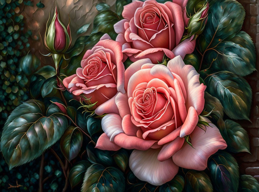 Colorful painting of pink roses and green leaves on dark background