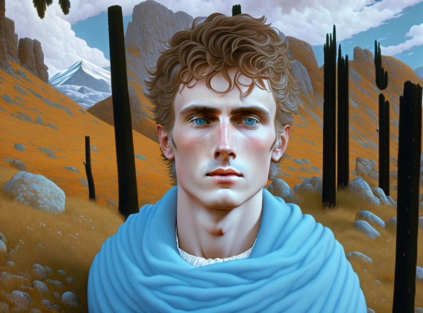 Digital art portrait of young man with curly hair and blue eyes in blue scarf against stylized landscape with