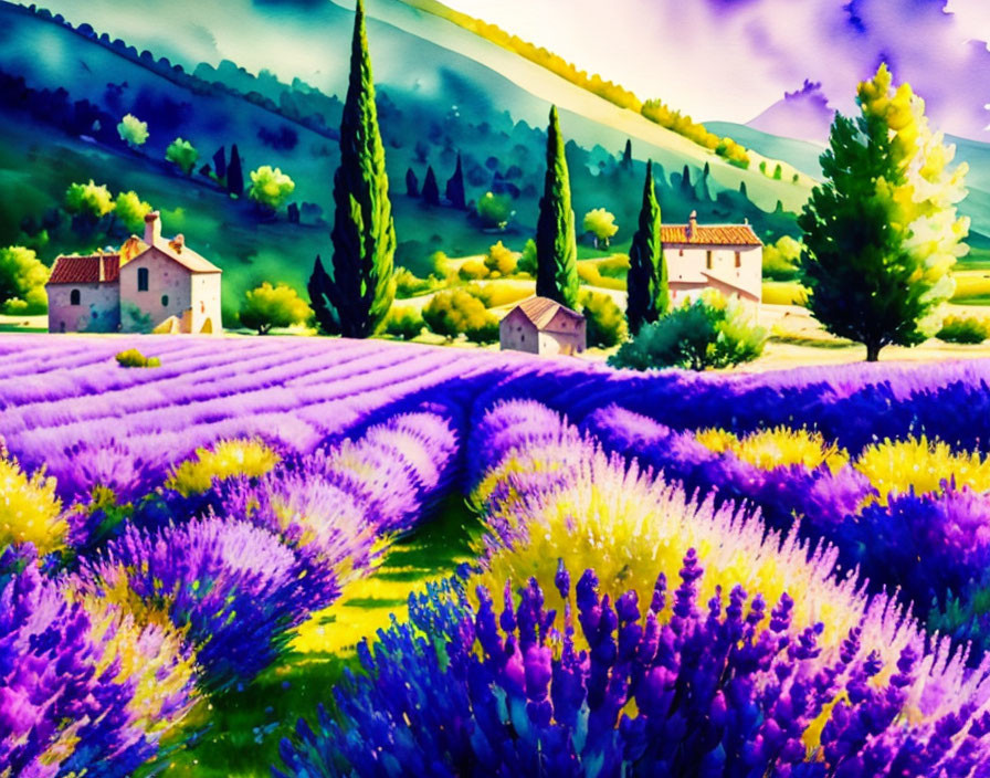 Scenic lavender fields under dramatic sky