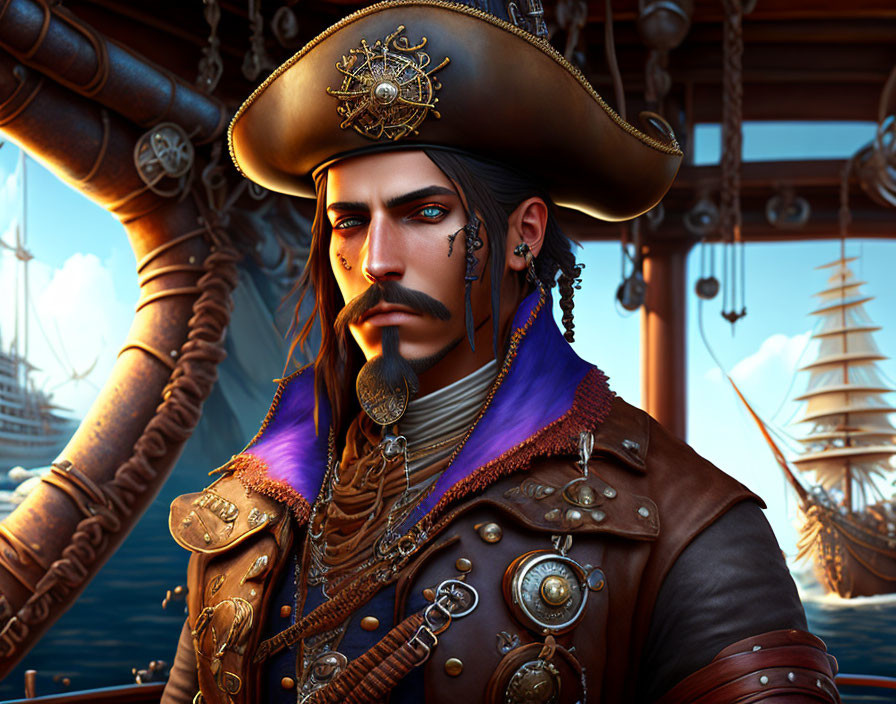 Detailed 3D illustration of swarthy pirate captain in ornate hat, gold earrings, purple