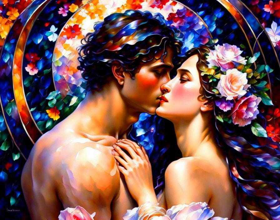 Colorful Painting of Man and Woman Embracing in Floral Setting