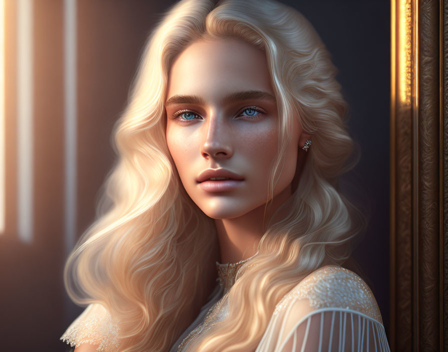 Digital illustration of woman with blonde hair and white dress in soft sunlight