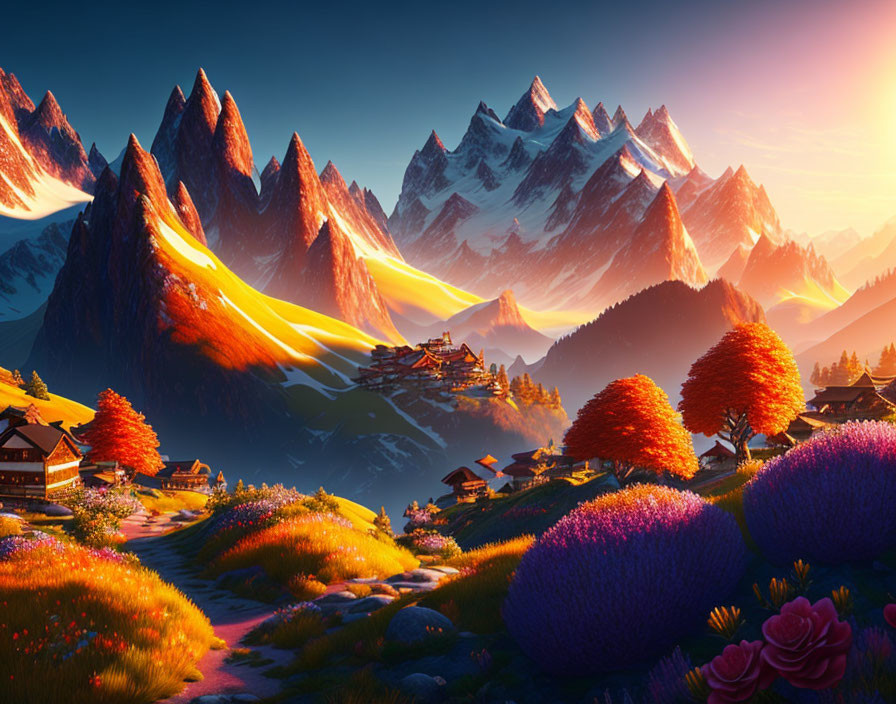 Scenic digital artwork: mountain village at sunset with colorful flora.