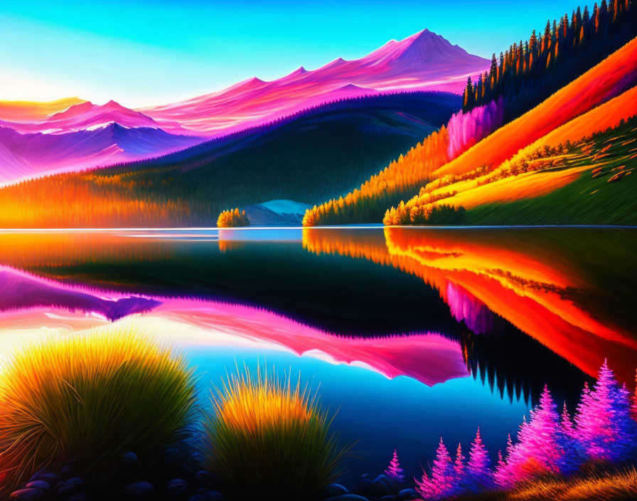 Digitally enhanced landscape: serene lake, colorful trees, mountains at sunset