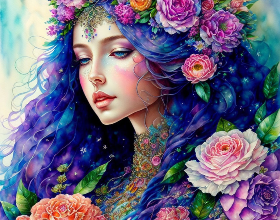 Colorful illustration of woman with blue hair and floral crown in cosmic setting