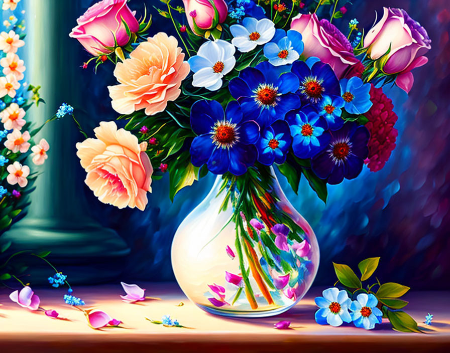 Multicolored Flower Bouquet in Clear Vase Against Colorful Backdrop