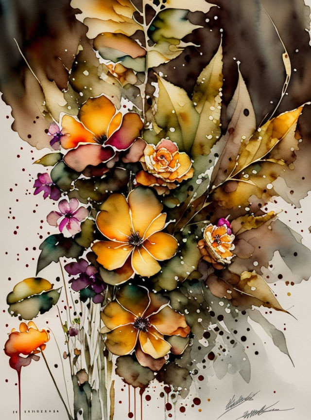 Colorful Watercolor Bouquet with Orange Tones and Ink Splatters