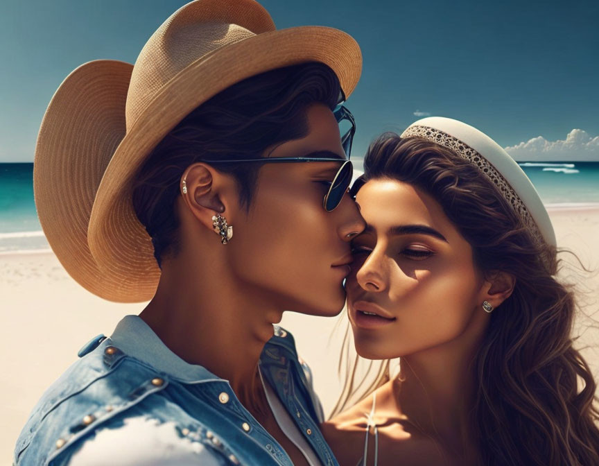 Fashionable couple in sunglasses and hats enjoying a romantic beach moment