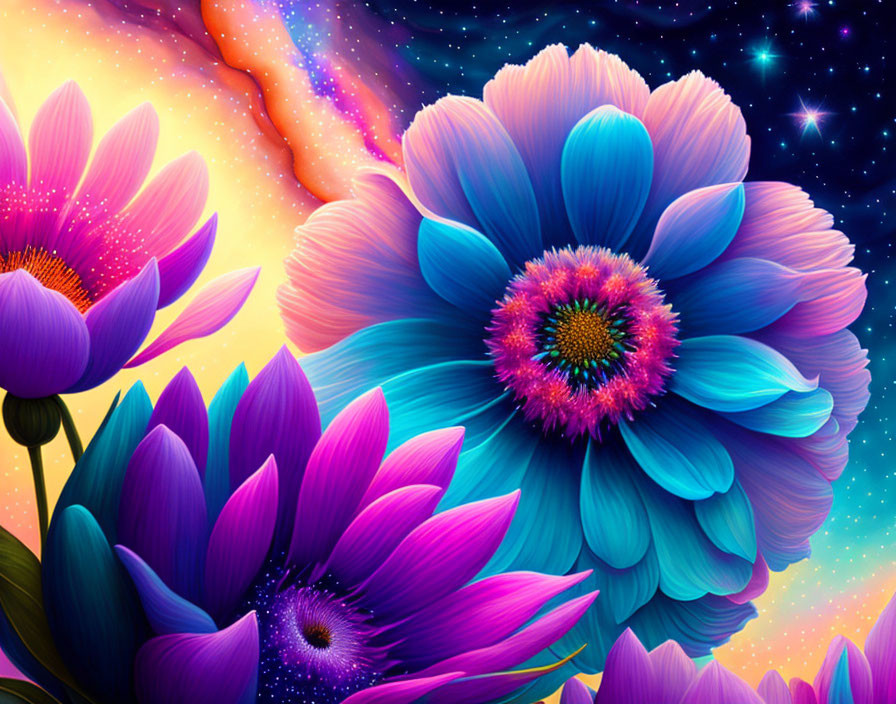 Surreal blue and purple flowers in cosmic starry background