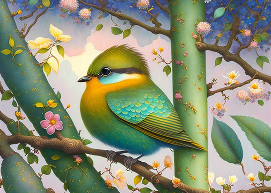 Colorful Bird Illustration Perched on Blossoming Tree Branch