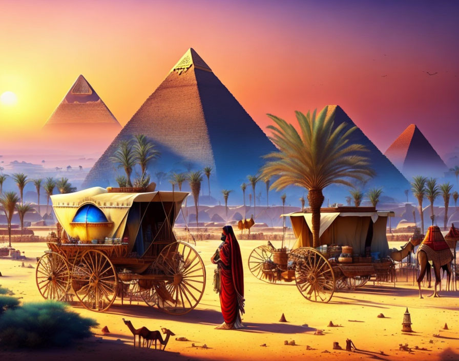 Egyptian Pyramids Sunset Scene with Horse-Drawn Carriages, Camel, and Palm Trees