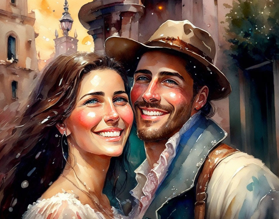 Colorful painting of smiling man and woman with fairytale castle backdrop