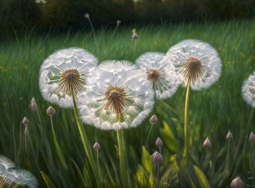 Detailed close-up of dandelion seed heads in a field with translucent seeds and greenery.