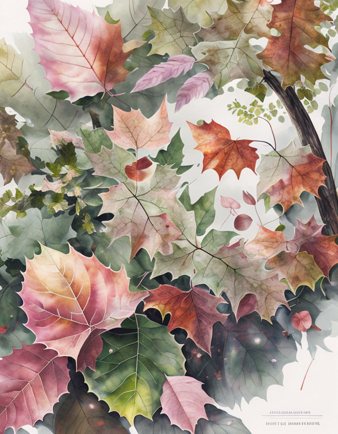 Vibrant Autumn Leaves in Green, Pink, Red, White, and Dark Shades