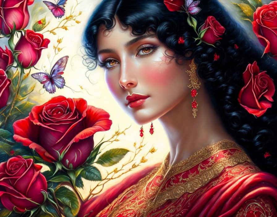 Portrait of Woman with Dark Hair, Red Roses, Butterflies, Gold Jewelry & Red Attire